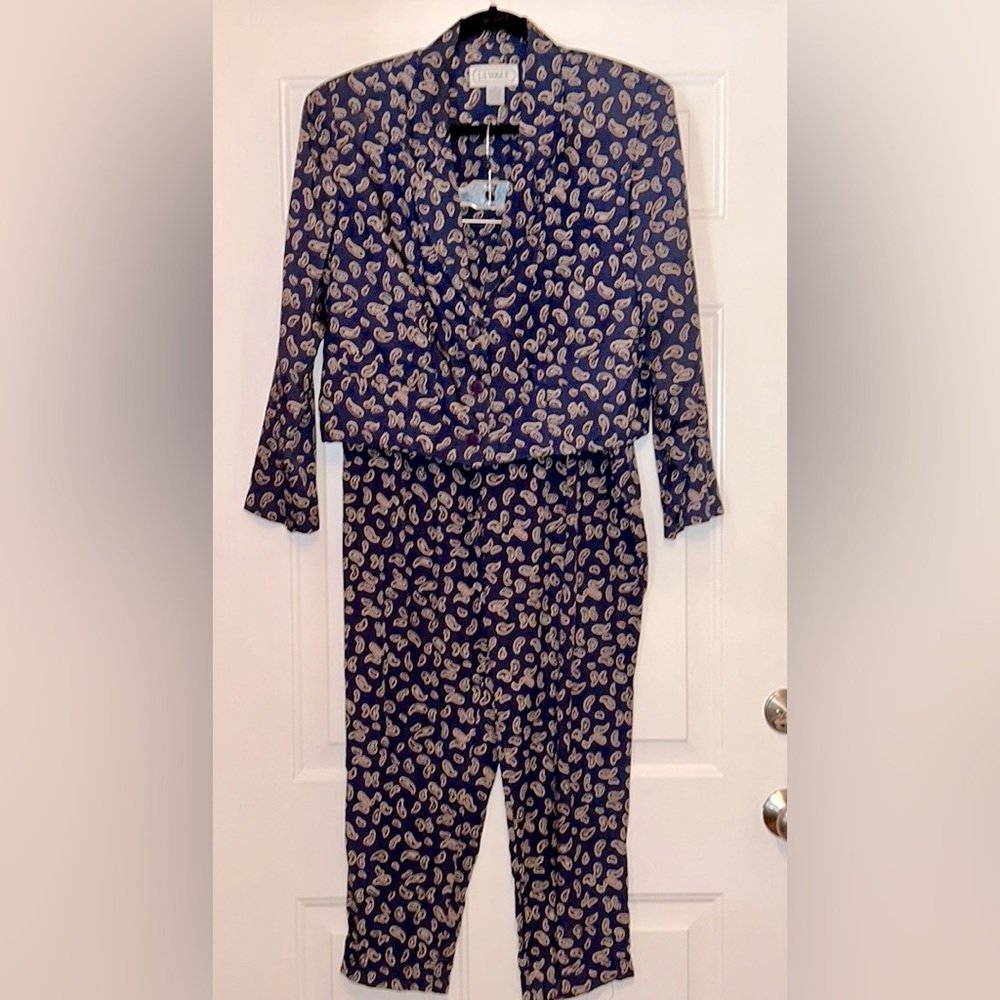 LA Vogue Vintage Paisley Cropped Jacket 8 Pantsuit- S Outfit Navy Rayon